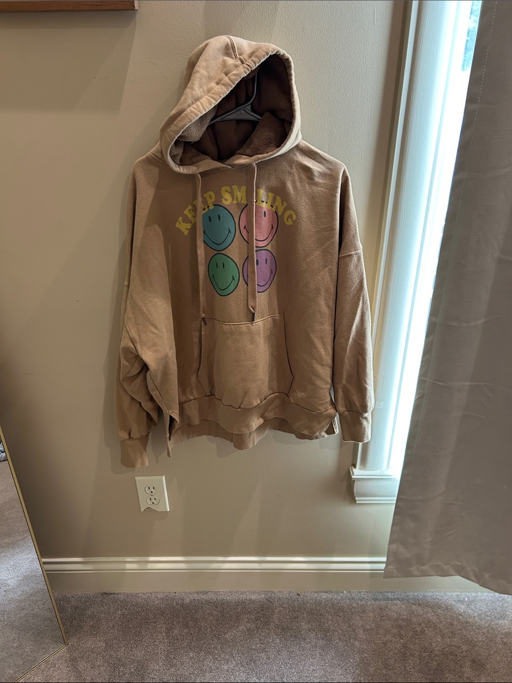 American Eagle Outfitters Tan Hoodie with Multi-Color Smiley Graphic